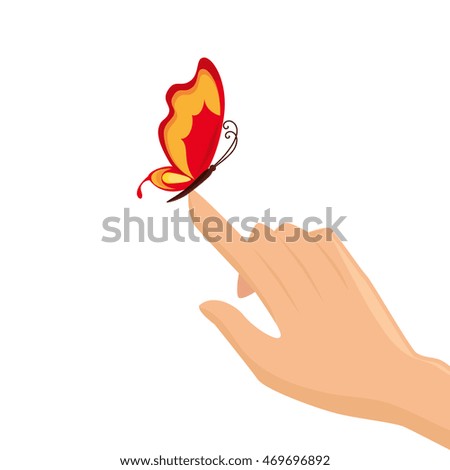 hand butterfly touch finger fly animal insect side vector illustration isolated