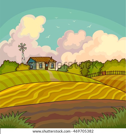 Farm rural landscape with field. Illustration harvesting crops. Vector background with harvest.