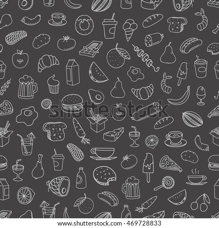 Different food doodles seamless background. Lineart hand-drawn elements 