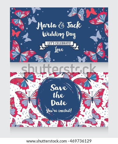 Romantic wedding invitations with butterflies, vector illustration