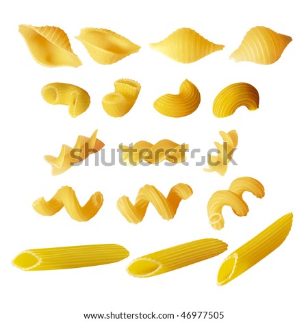 Assorted pasta, macaroni, Celentani, Chifferi, Fusilli, Shells, Rotelle. Isolated on white background. Cleaned and retouched. Royalty-Free Stock Photo #46977505