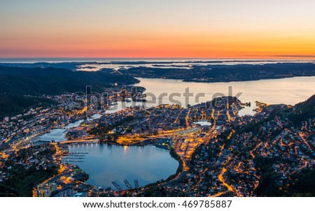 Beautiful scenery of Bergen city in Norway after sunset. View from Ulriken mountain.  Royalty-Free Stock Photo #469785887