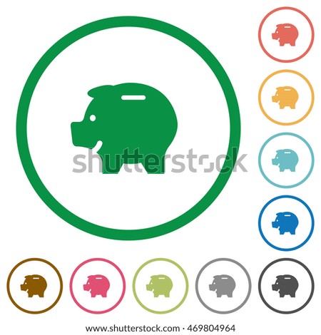 Set of piggy bank color round outlined flat icons on white background