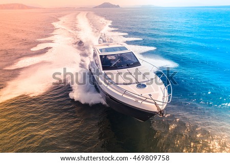 luxury motor boat, rio yachts italian shipyard Royalty-Free Stock Photo #469809758