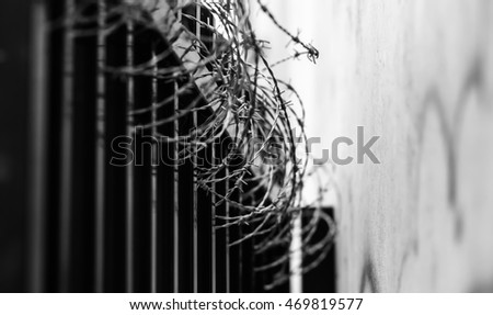 Barbed wire texture in black and white with very shallow depth of field