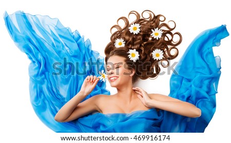 Woman Smelling Flower, Happy Girl Flowers Hair Style in Cloth White Isolated