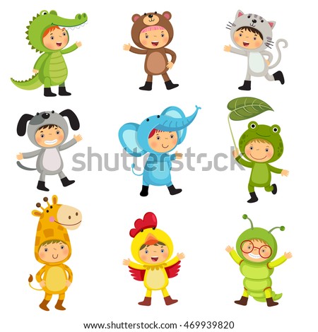 Set of cute kids wearing animal costumes. Kids as alligator, bear, cat, dog, elephant, frog, giraffe, hen, inchworm.