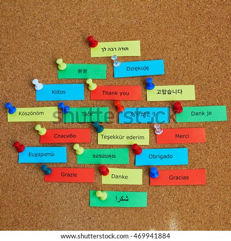 Word Thank you written in different languages on colorful paper notes pinned to cork board