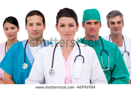 Close-up of an assertive medical team against a white background