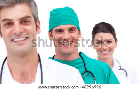 Portrait of a cheerful medical team against a white background