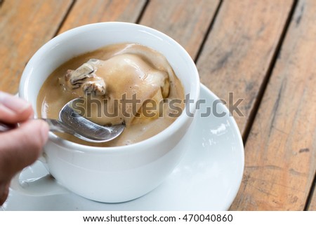 Affogato coffee with ice cream on Table.
