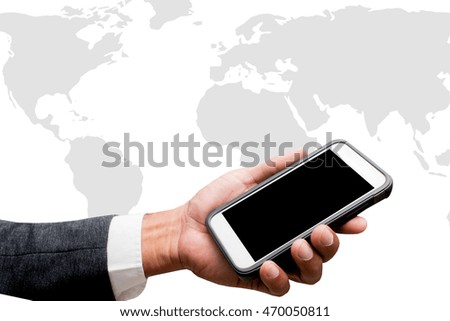 hand hold smart phone with world map