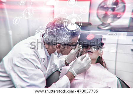 Digital image of shopping online against dentist examine female patient with dental tools