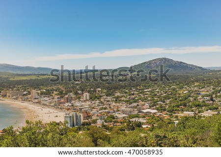 Aerial view landscape scene from San Antonio hill of Piriapolis, a famous watering place of Uruguay Royalty-Free Stock Photo #470058935