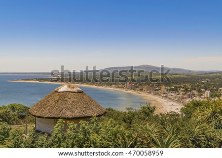 Aerial view landscape scene from San Antonio hill of Piriapolis, a famous watering place of Uruguay Royalty-Free Stock Photo #470058959