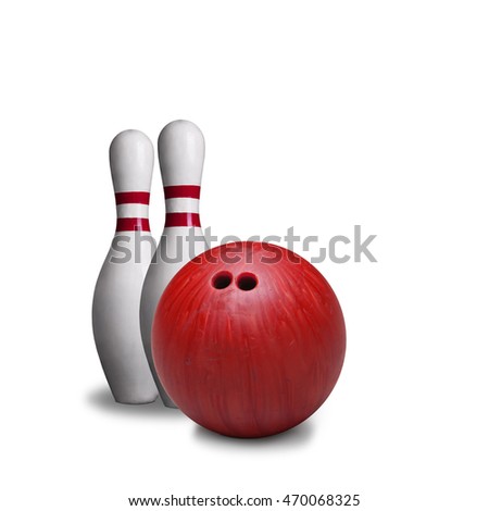 Red bowling ball and pins isolated on white background.
