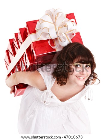 Beautiful girl  with group of gift box. Isolated.