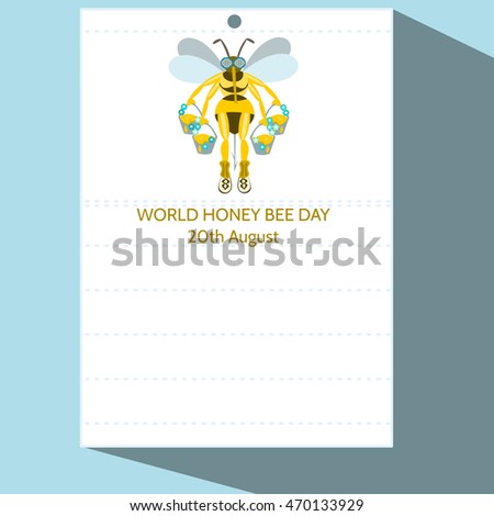 Calendar page with stylized cartoon bee illustration and inscription World Honey Bee Day 20th August - simple digital drawing