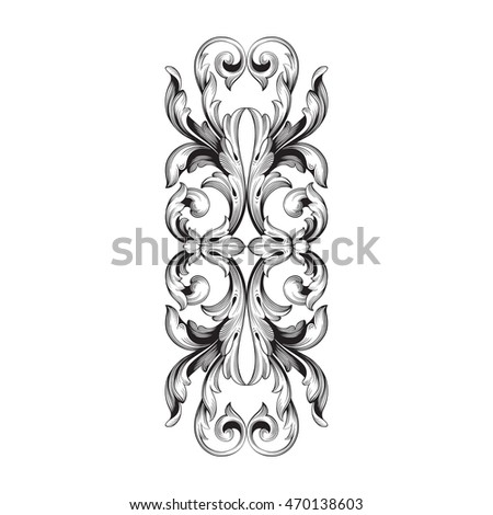 Vintage element engraving with retro ornament pattern in antique rococo style decorative design. 