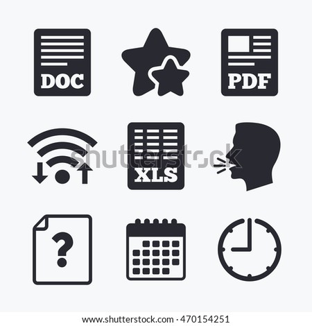File document and question icons. XLS, PDF and DOC file symbols. Download or save doc signs. Wifi internet, favorite stars, calendar and clock. Talking head. Vector