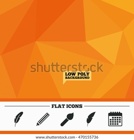 Triangular low poly orange background. Feather retro pen icons. Paint brush and pencil symbols. Artist tools signs. Calendar flat icon. Vector