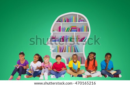 Elementary pupils reading books against green vignette