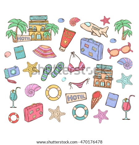 Summer vacation set.With themed elements design swimsuit,camera, ball, palm, cocktail, shell, lifebuoy bag hat sunscreen sunglasses starfish.Summer icon isolated