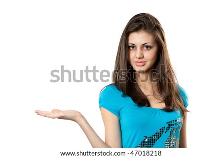 Attractive young lady showing to the side of the image