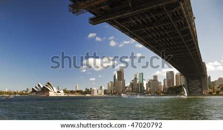 A photography of the Harbour Bridge in Sydney with Opera House