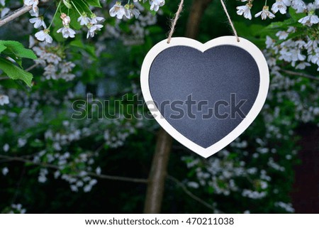 Valentines Day background with wooden blackboard heart hanging in the garden with white apple flowers