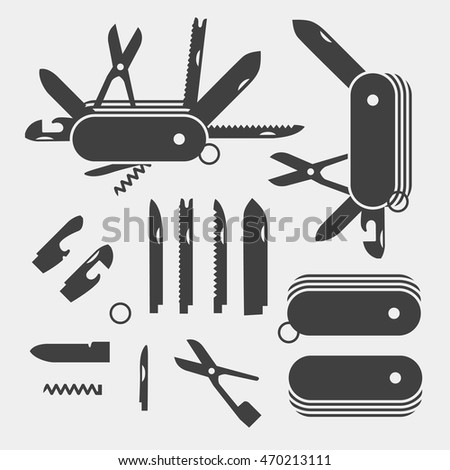 Swiss Folding knives to take apart flat icon vector; Multi-tool instrument Royalty-Free Stock Photo #470213111