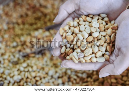 Coffee beans in hands on coffee beans background