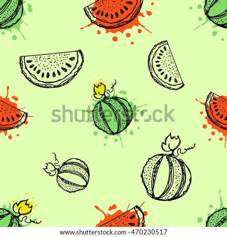 Seamless vector pattern. Hand drawn  fruits illustration of watermelon with splash and drop, on the green background. Line drawing, Series of fruits vector seamless Patterns.