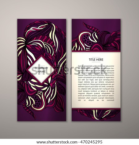 Flyer template with abstract ornament pattern. Vector greeting card design. Front page and back page.
