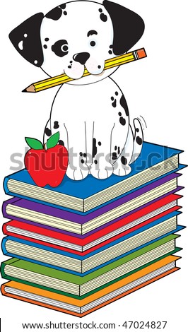 A dalmatian puppy with a pencil in his mouth is sitting on a stack of books