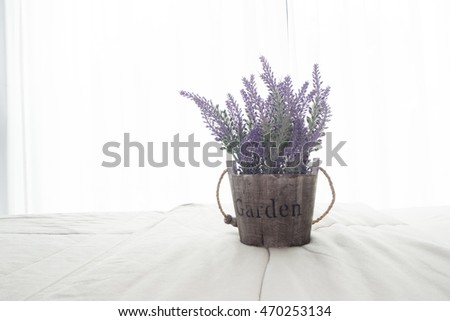 The bed with purple lavender flower and sunlight from glass of windows in bedroom, High key picture style.