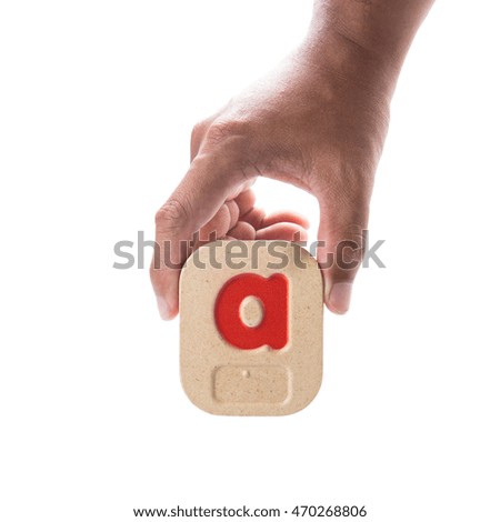 Hand holding  Wooden Block on white background.