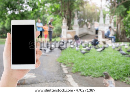 woman use mobile phone and blurred image of people are feeding pigeons in the park