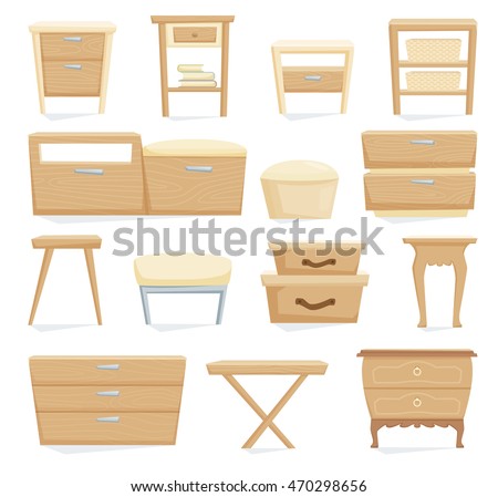 Interior furniture set. Bedroom furniture: bedside table, nightstand, basket, cabinet, chair, box. Office and home cartoon object isolated on white. Vector illustration
