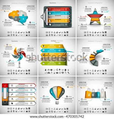 Vector illustration of different infographic templates. 9 in 1 set.