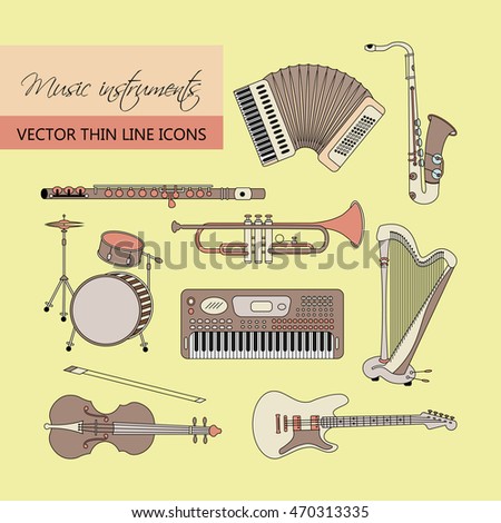 Vector thin line icons with different music instruments: synthesizer, drums, accordion, violin, trumpet, harp, drum, saxophone, electric guitar, flute, piano.
