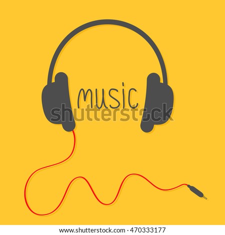 Black headphones with red cord and black word Music. Flat design icon. Yellow background. 