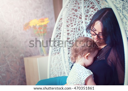  Family at home. Love, trust and tenderness concept. Bedding and textile for nursery.