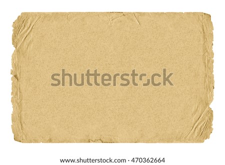 Shabby light paper blank with torn edges isolated on white background. Vintage texture for design. 