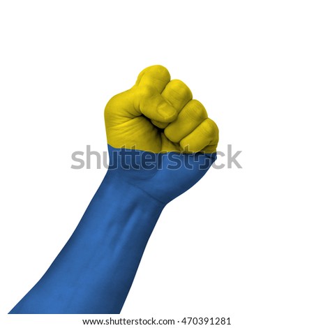 Hand making victory sign, ukraine painted with flag as symbol of victory, resistance, fight, power, protest, success - isolated on white background