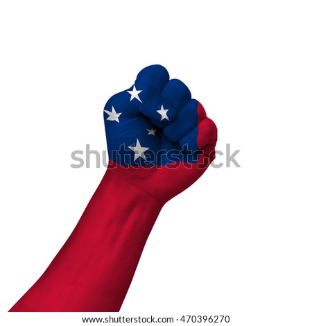 Hand making victory sign, samoa painted with flag as symbol of victory, resistance, fight, power, protest, success - isolated on white background