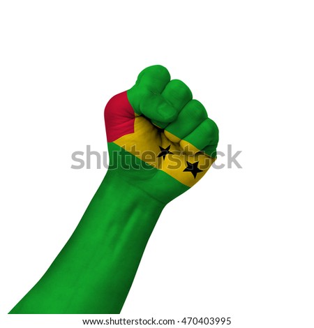 Hand making victory sign, sao tome and principe painted with flag as symbol of victory, resistance, fight, power, protest, success - isolated on white background