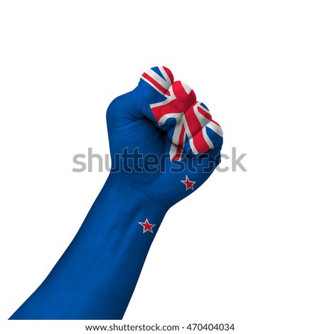 Hand making victory sign, new zealand painted with flag as symbol of victory, resistance, fight, power, protest, success - isolated on white background