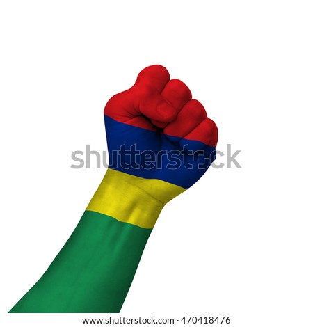 Hand making victory sign, mauritius painted with flag as symbol of victory, resistance, fight, power, protest, success - isolated on white background