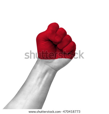 Hand making victory sign, monaco painted with flag as symbol of victory, resistance, fight, power, protest, success - isolated on white background